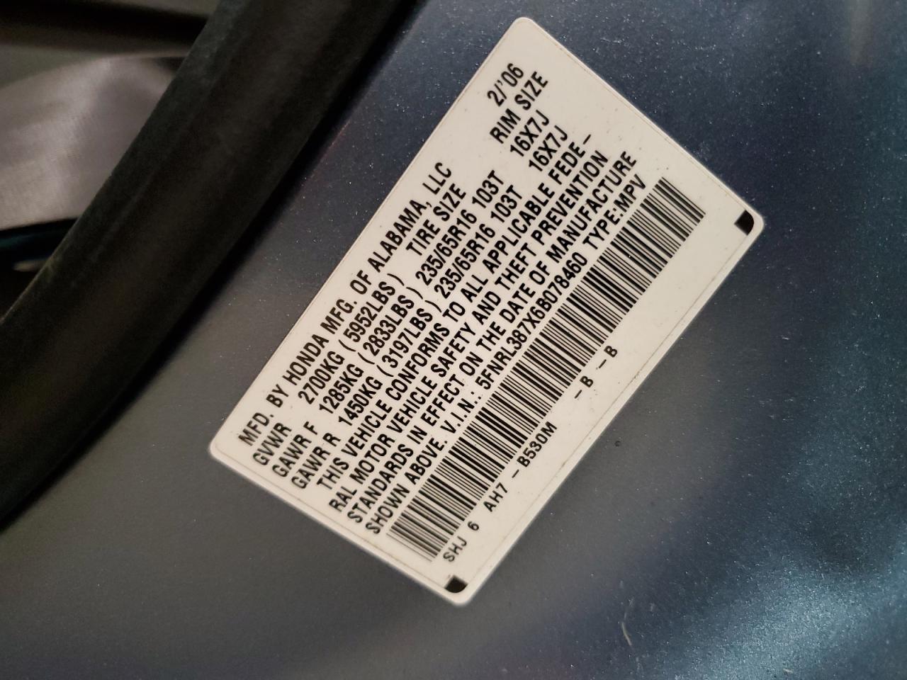 2006 Honda Odyssey Exl VIN: 5FNRL387X6B078460 Lot: 64118235