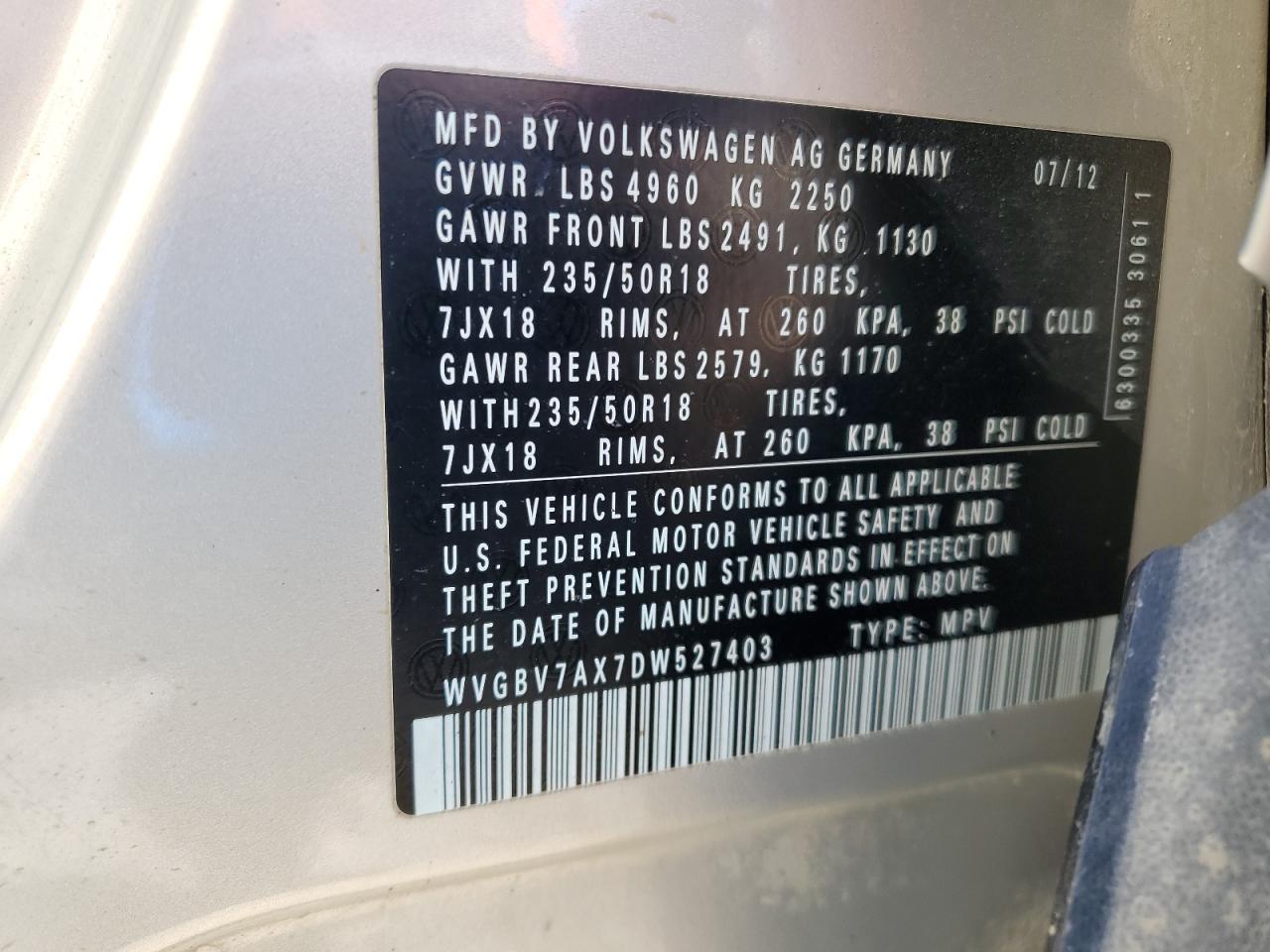 2013 Volkswagen Tiguan S VIN: WVGBV7AX7DW527403 Lot: 62944135