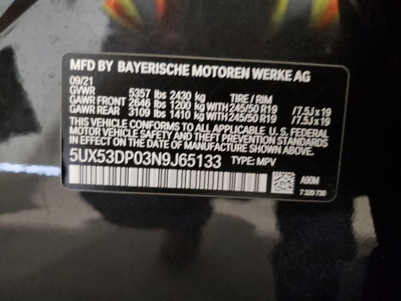2022 BMW X3 xDrive30I VIN: 5UX53DP03N9J65133 Lot: 65169705