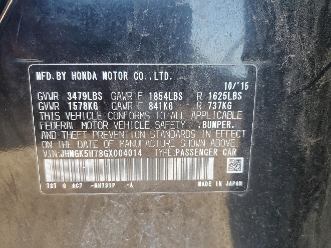 2016 Honda Fit Ex VIN: JHMGK5H78GX004014 Lot: 64079125