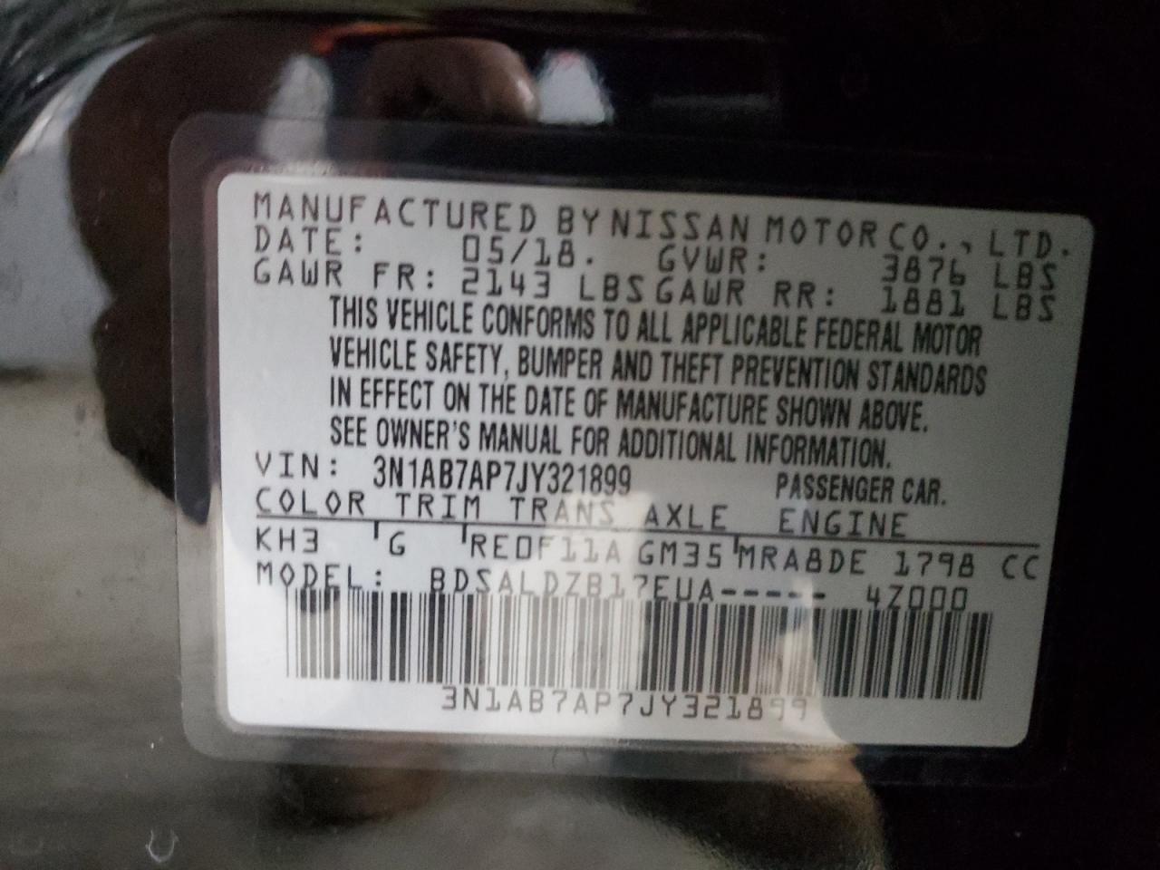 2018 Nissan Sentra S VIN: 3N1AB7AP7JY321899 Lot: 66498285