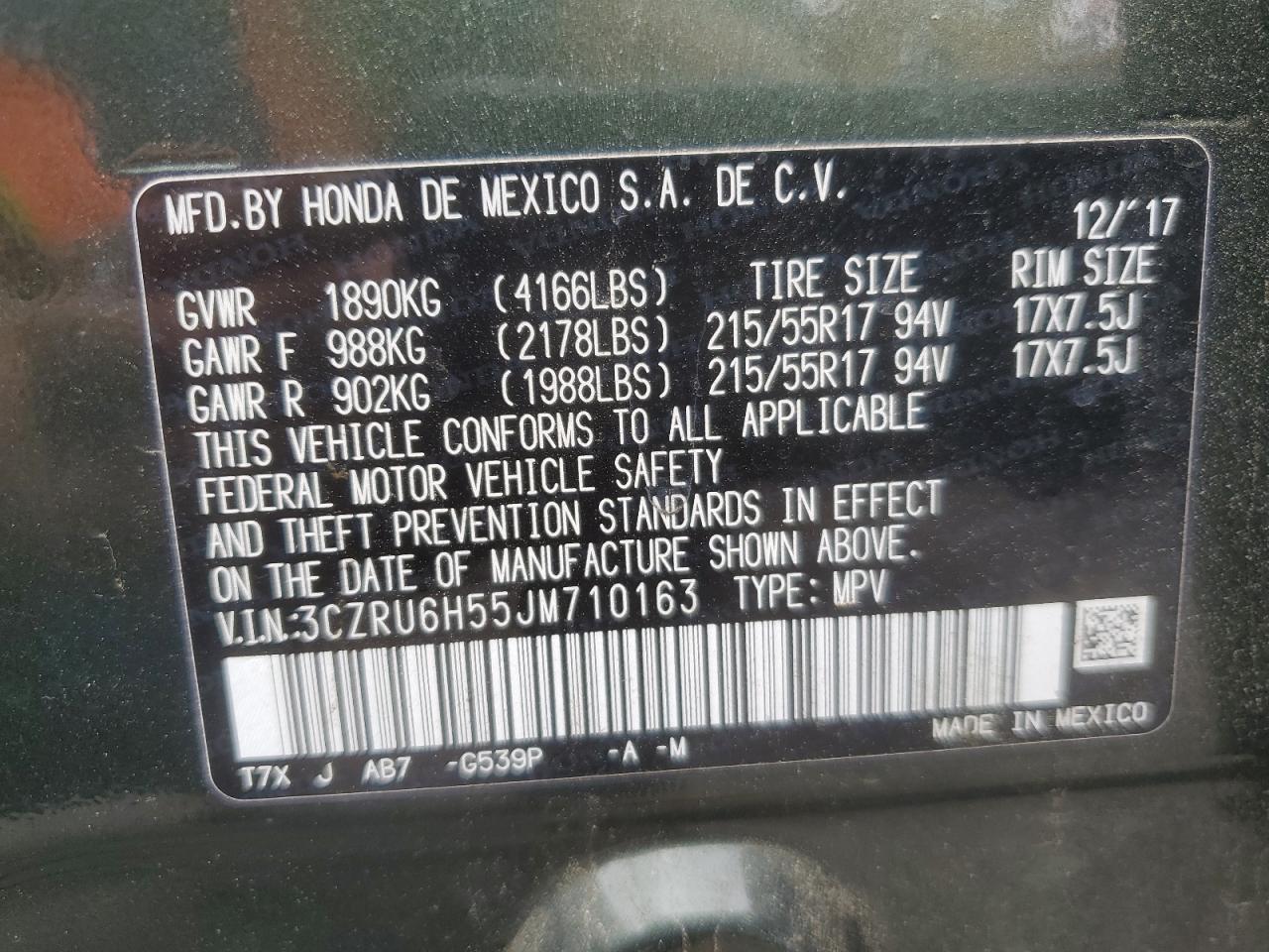 2018 Honda Hr-V Ex VIN: 3CZRU6H55JM710163 Lot: 64238875