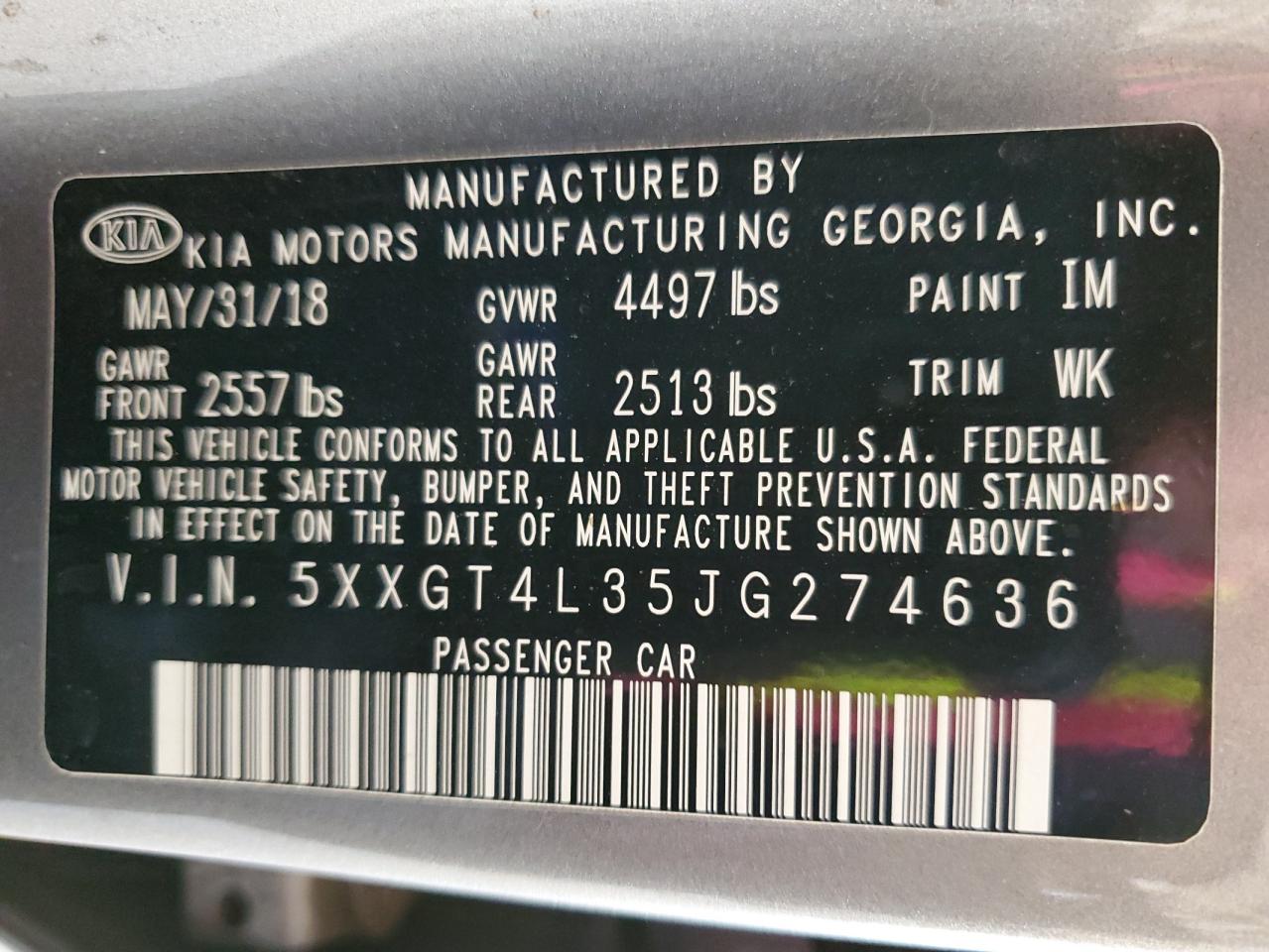 2018 Kia Optima Lx VIN: 5XXGT4L35JG274636 Lot: 64849835