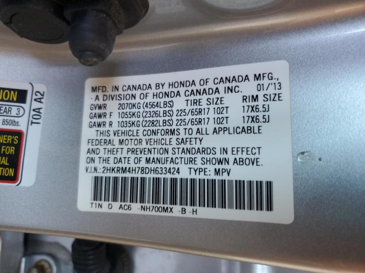 2013 Honda Cr-V Exl VIN: 2HKRM4H78DH633424 Lot: 64761705