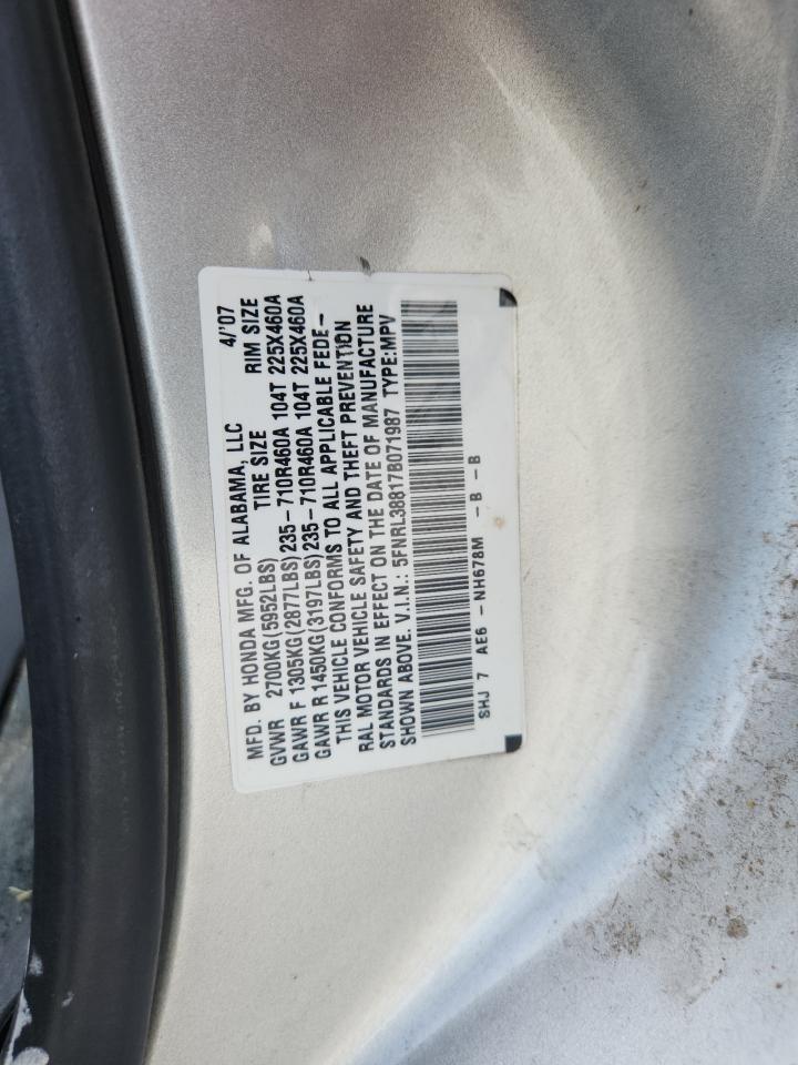 2007 Honda Odyssey Touring VIN: 5FNRL38817B071987 Lot: 63314085
