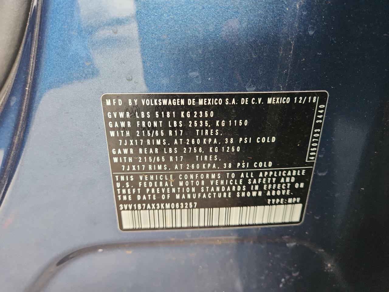 2019 Volkswagen Tiguan S VIN: 3VV1B7AX3KM063257 Lot: 63851655