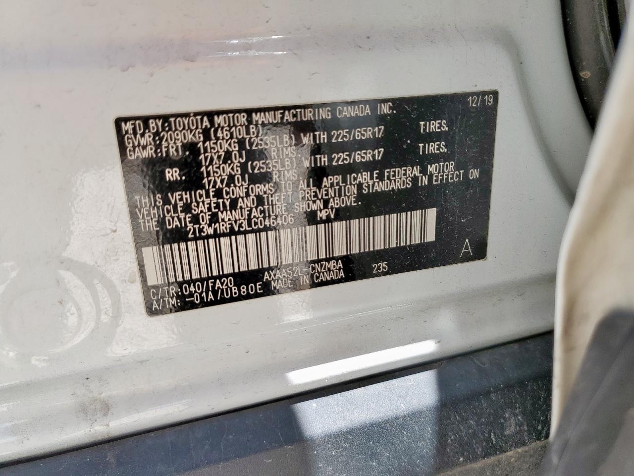 2020 Toyota Rav4 Xle VIN: 2T3W1RFV3LC046406 Lot: 63060995