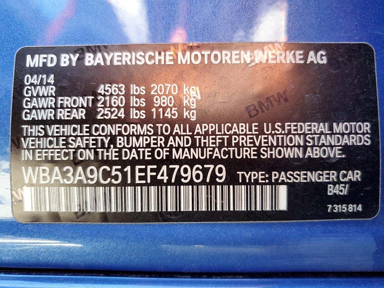 2014 BMW 335 I VIN: WBA3A9C51EF479679 Lot: 64295665