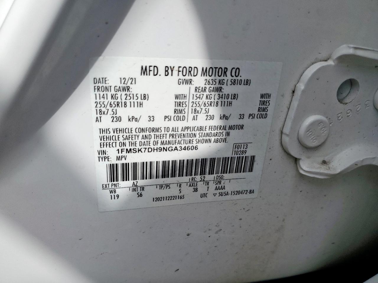 2022 Ford Explorer Xlt VIN: 1FMSK7DH9NGA34606 Lot: 63578285