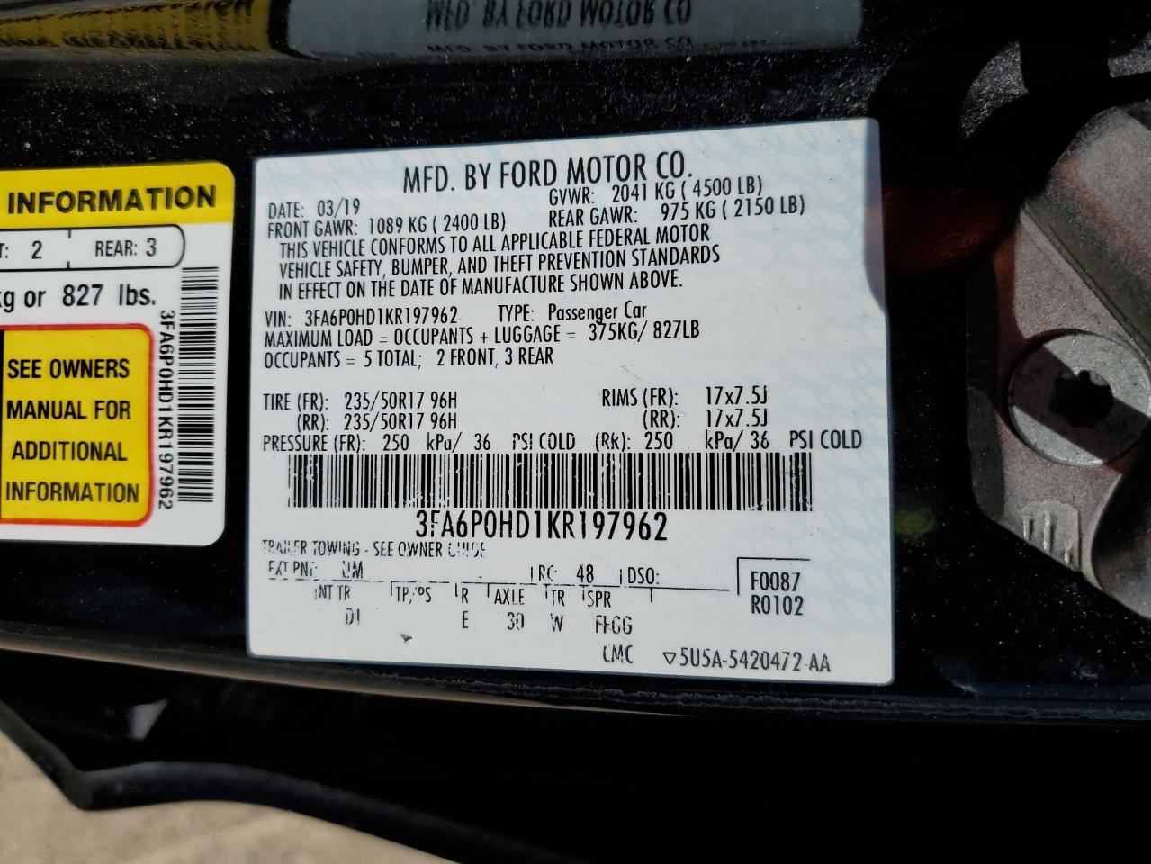 2019 Ford Fusion Se VIN: 3FA6P0HD1KR197962 Lot: 64862165