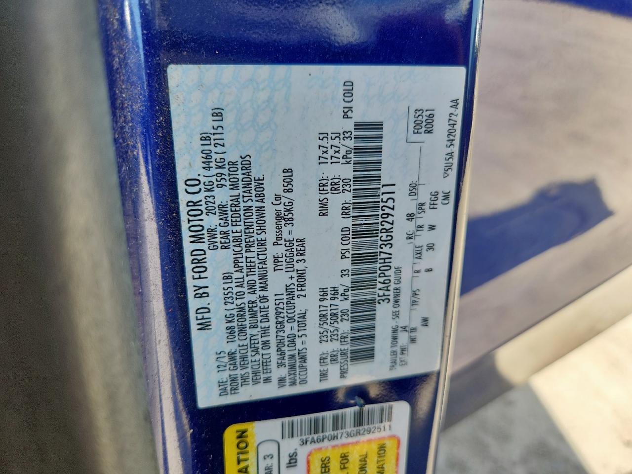 2016 Ford Fusion Se VIN: 3FA6P0H73GR292511 Lot: 65173685