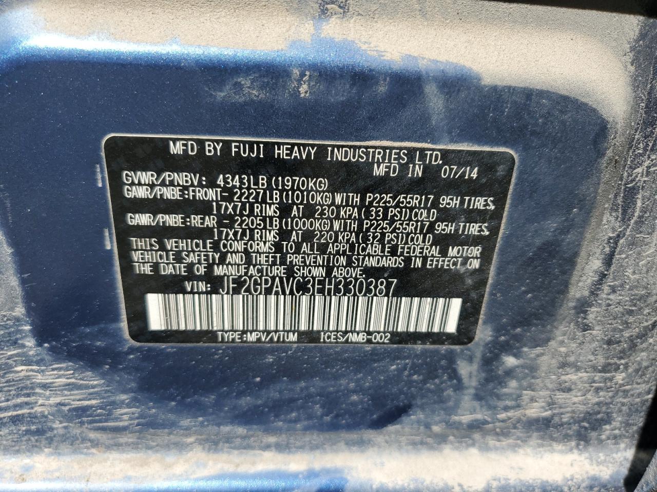 2014 Subaru Xv Crosstrek 2.0 Premium VIN: JF2GPAVC3EH330387 Lot: 63013865