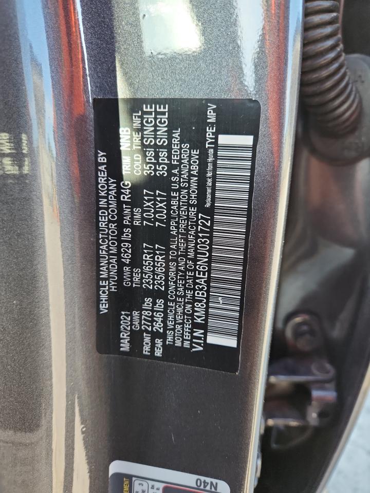 2022 Hyundai Tucson Sel VIN: KM8JB3AE6NU031727 Lot: 63034415