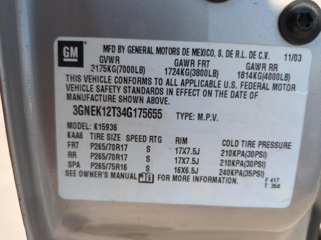 2004 Chevrolet Avalanche K1500 VIN: 3GNEK12T34G175655 Lot: 65007895