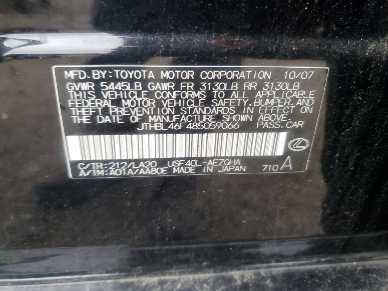 2008 Lexus Ls 460 VIN: JTHBL46F485059066 Lot: 64803835