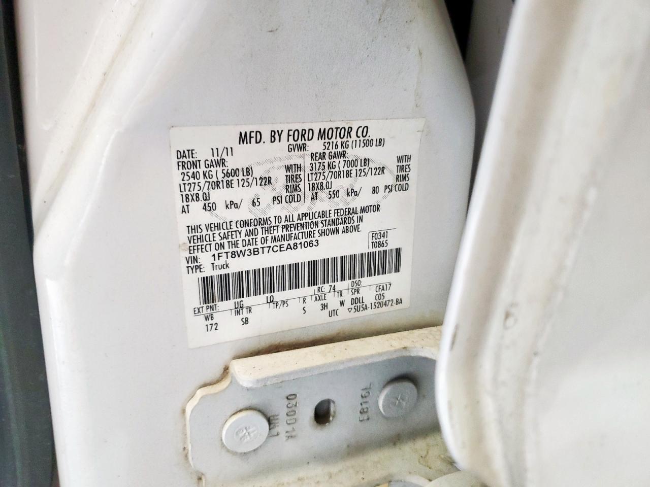 2012 Ford F350 Super Duty VIN: 1FT8W3BT7CEA81063 Lot: 63222505