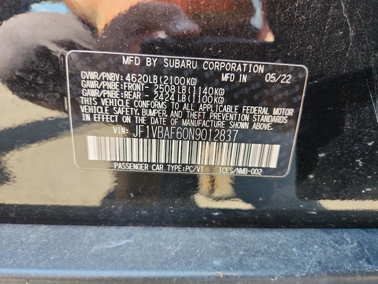 2022 Subaru Wrx Premium VIN: JF1VBAF60N9012837 Lot: 63667895