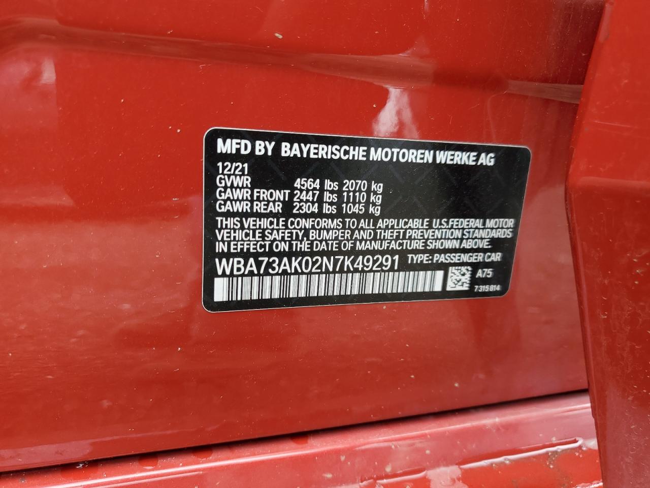 2022 BMW 228Xi VIN: WBA73AK02N7K49291 Lot: 63016005