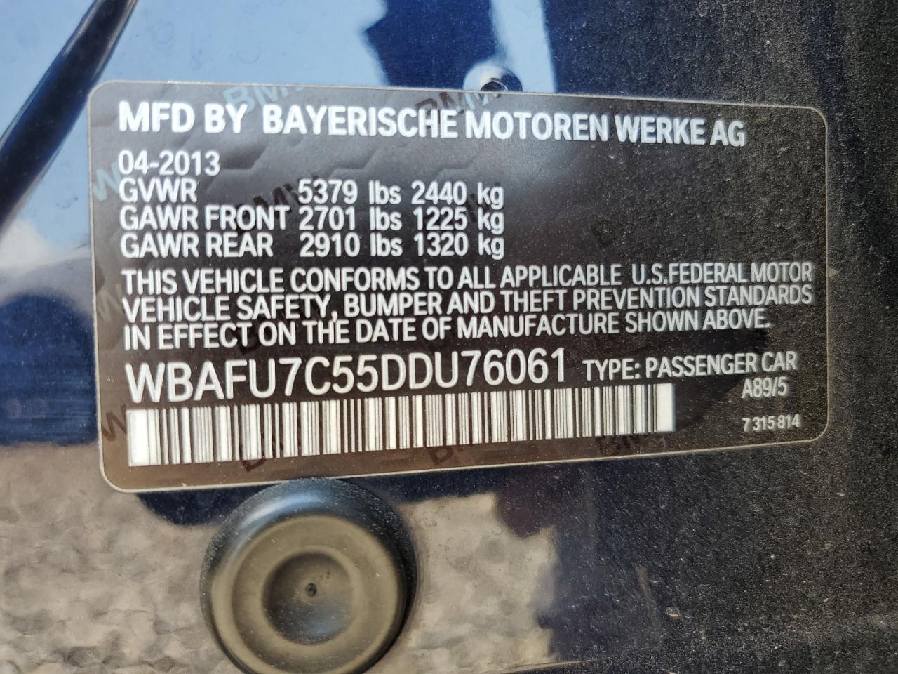 2013 BMW 535 Xi VIN: WBAFU7C55DDU76061 Lot: 66910815