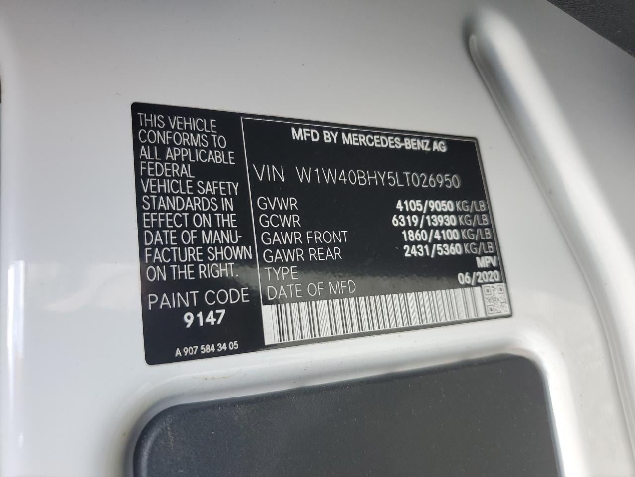 2020 Mercedes-Benz Sprinter 2500 VIN: W1W40BHY5LT026950 Lot: 62817645