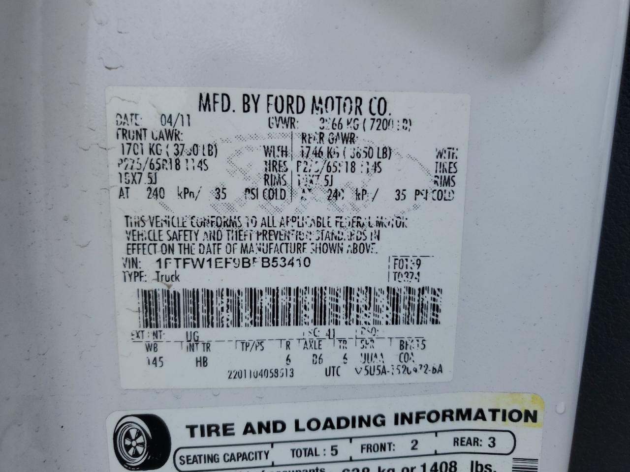 2011 Ford F150 Supercrew VIN: 1FTFW1EF9BFB53410 Lot: 64782735