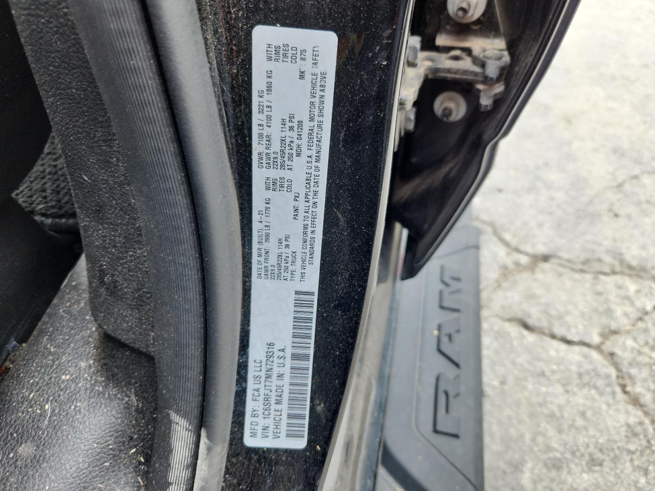 2021 Ram 1500 Laramie VIN: 1C6SRFJT7MN729316 Lot: 65187325