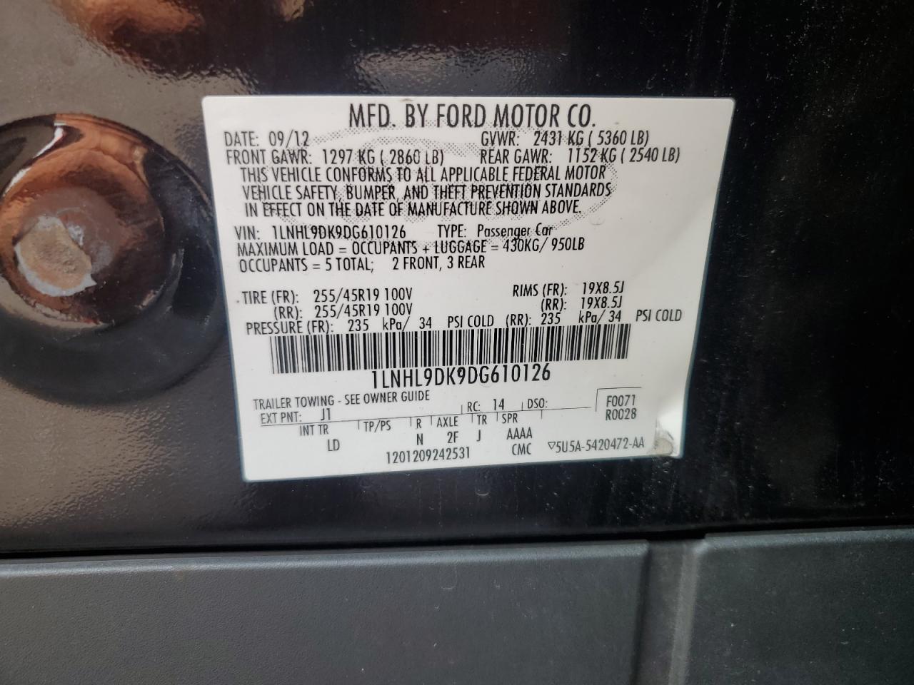 2013 Lincoln Mks VIN: 1LNHL9DK9DG610126 Lot: 64215415