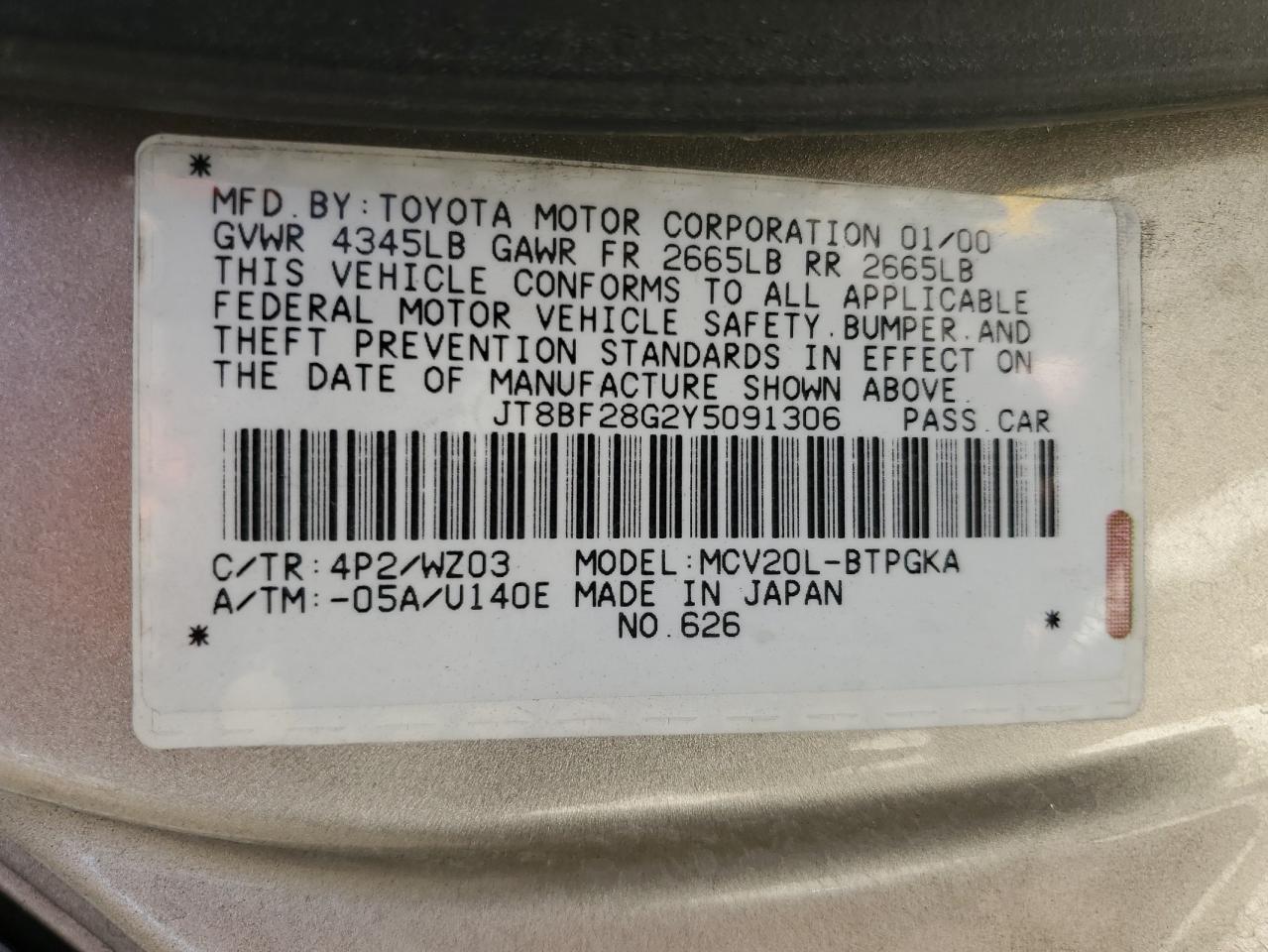 2000 Lexus Es 300 VIN: JT8BF28G2Y5091306 Lot: 63701145