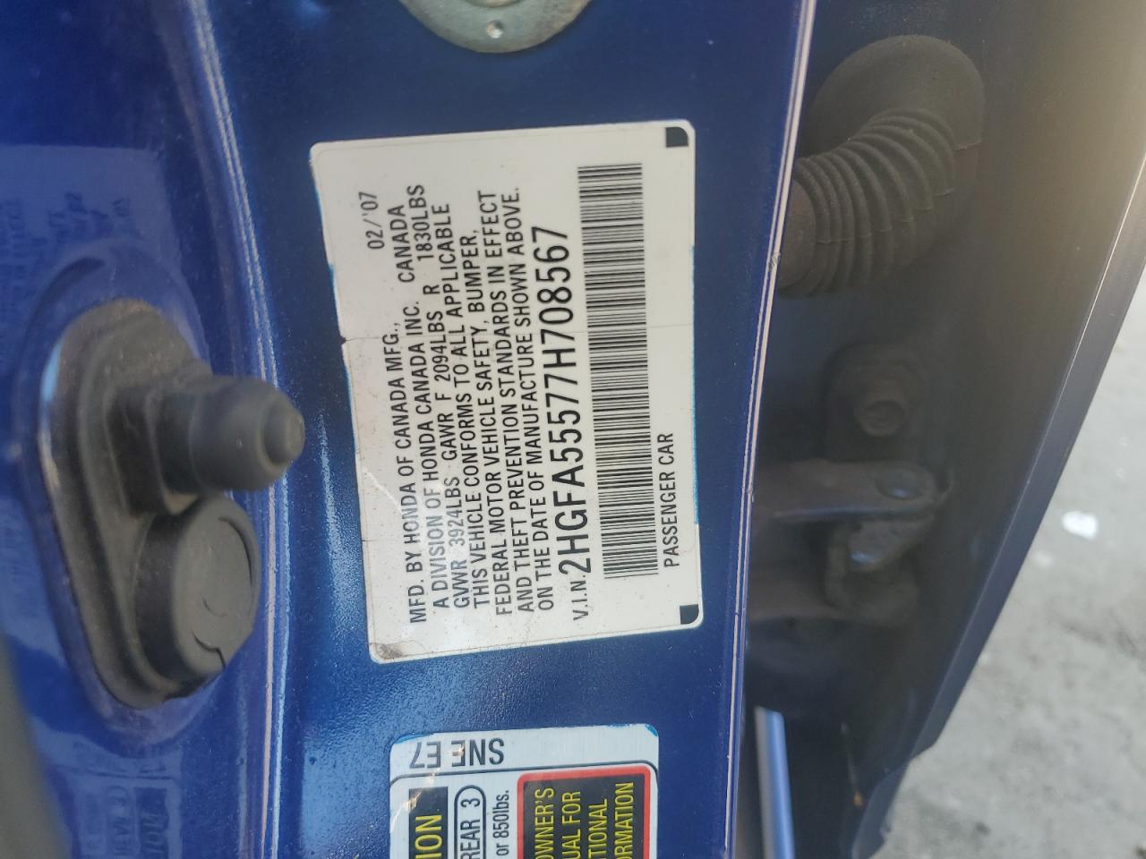 2007 Honda Civic Si VIN: 2HGFA55577H708567 Lot: 65320375