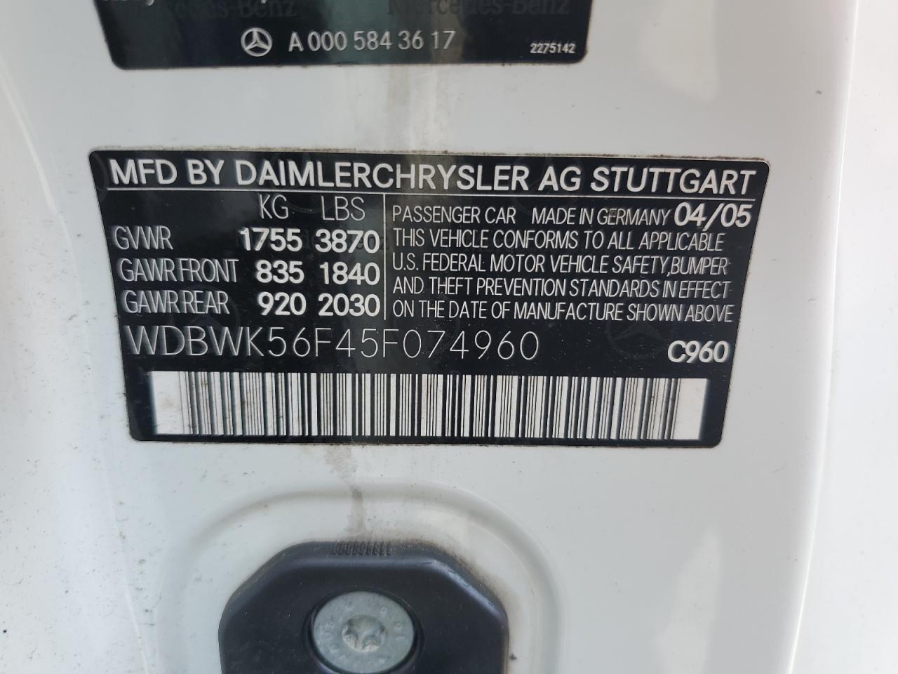 2005 Mercedes-Benz Slk 350 VIN: WDBWK56F45F074960 Lot: 63380765