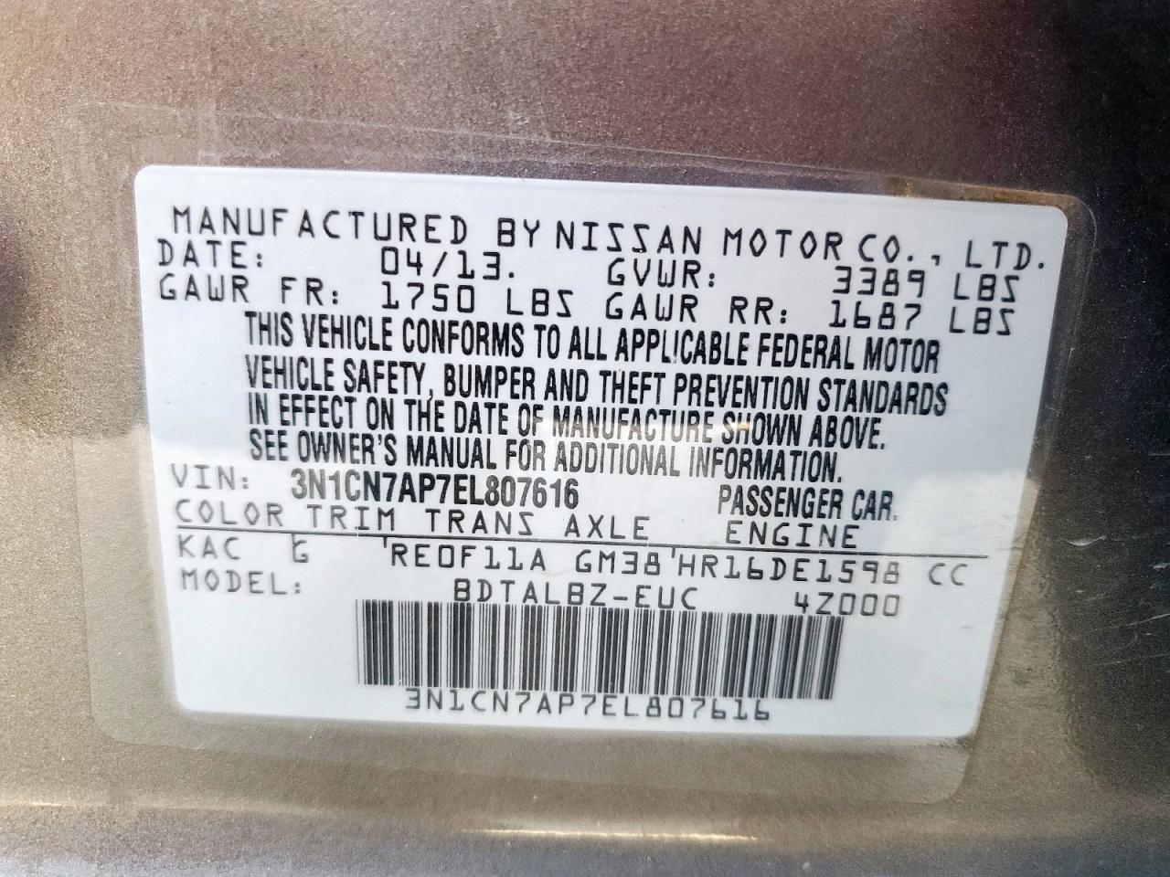 2014 Nissan Versa S VIN: 3N1CN7AP7EL807616 Lot: 65246375