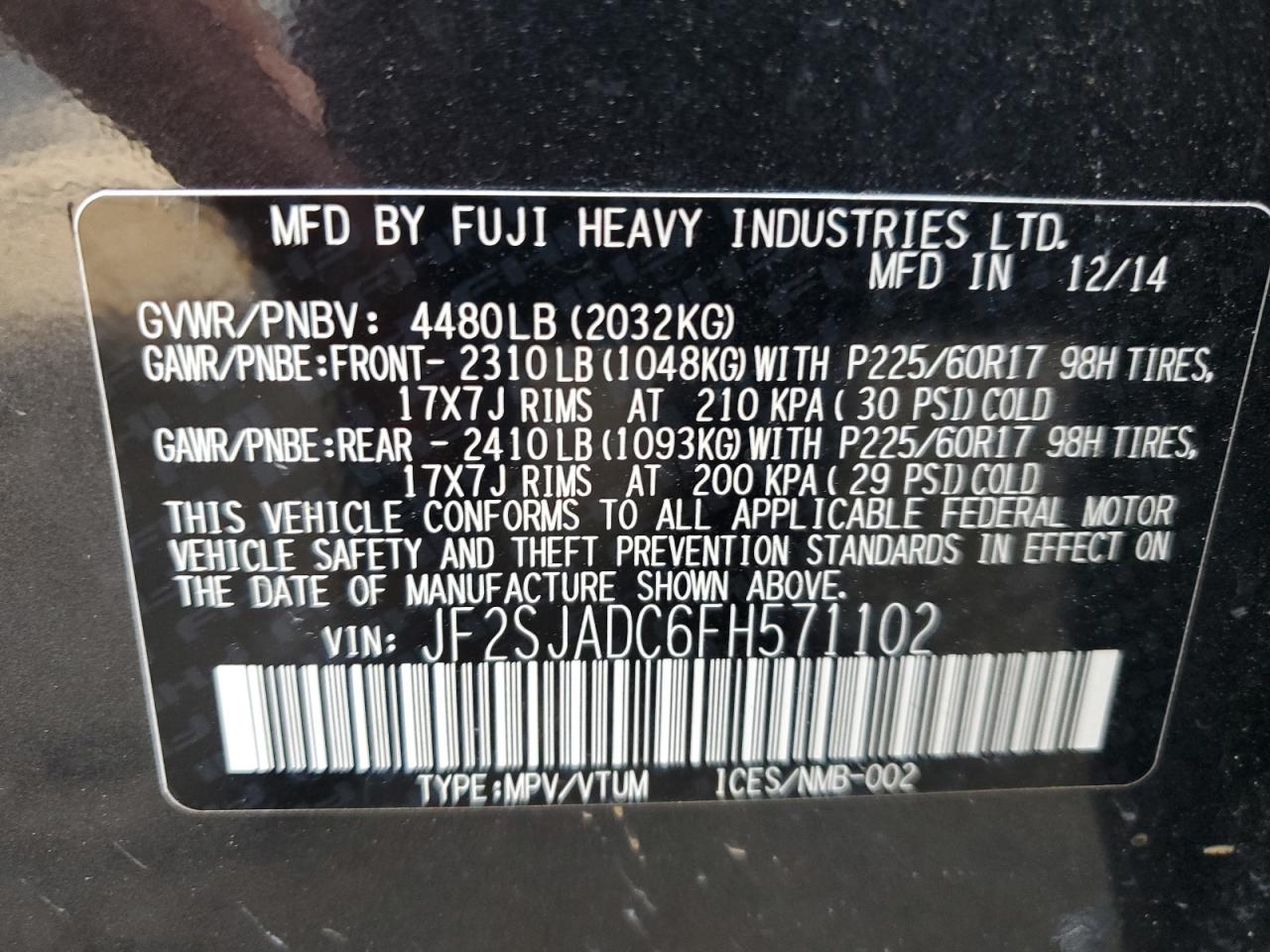 2015 Subaru Forester 2.5I Premium VIN: JF2SJADC6FH571102 Lot: 63703715