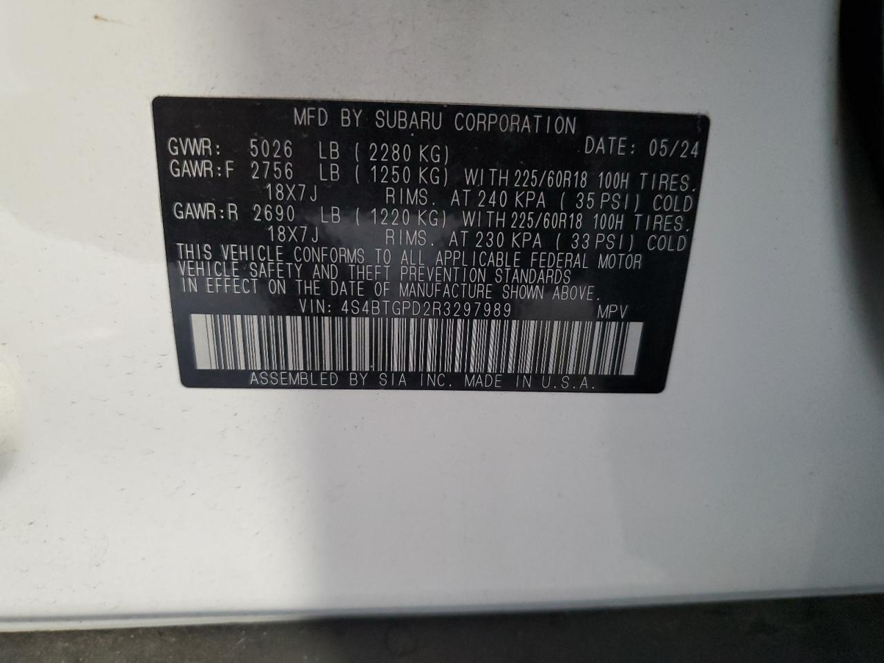 2024 Subaru Outback Touring VIN: 4S4BTGPD2R3297989 Lot: 63825045