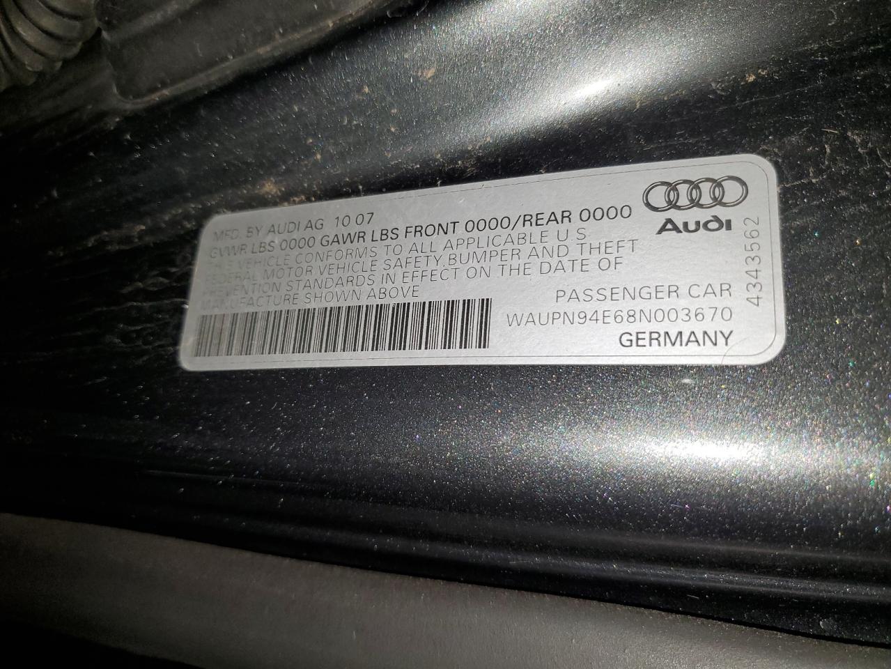waupn94e68n003670 WAUPN94E68N003670 2008 Audi S8 Quattro