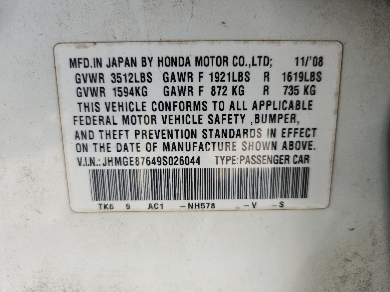 2009 Honda Fit Sport VIN: JHMGE87649S026044 Lot: 63632895