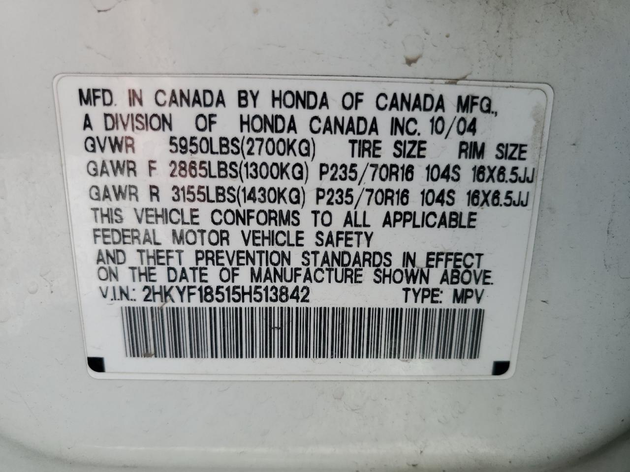 2005 Honda Pilot Exl VIN: 2HKYF18515H513842 Lot: 62722095