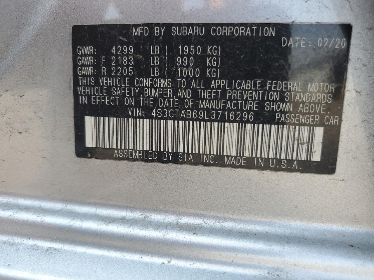 2020 Subaru Impreza VIN: 4S3GTAB69L3716296 Lot: 65424385