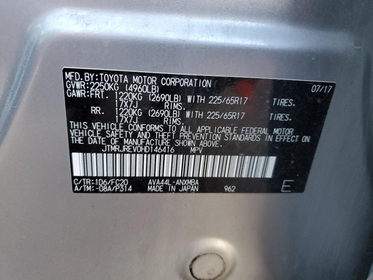 2017 Toyota Rav4 Hv Le VIN: JTMRJREV0HD146416 Lot: 64643695