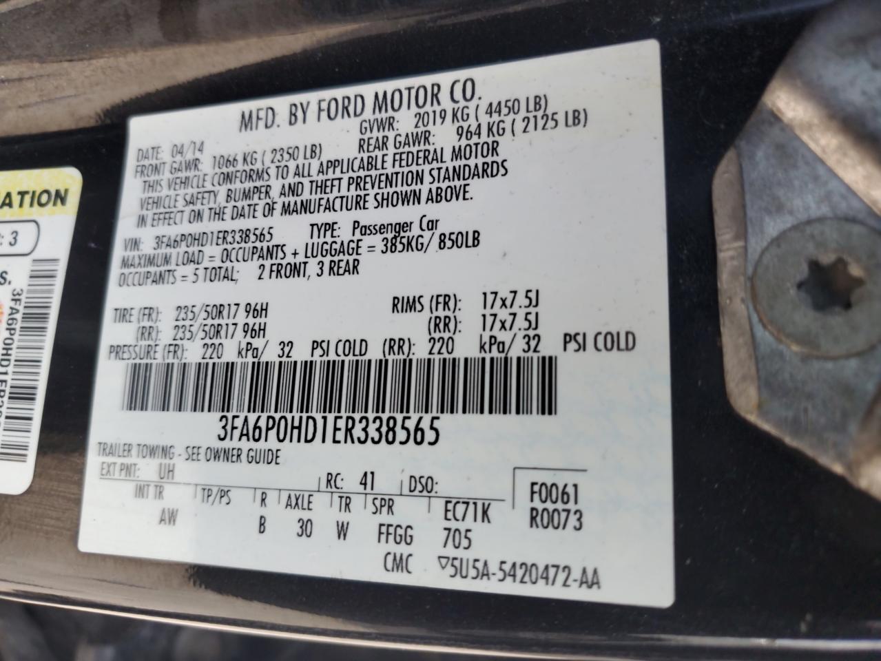 2014 Ford Fusion Se VIN: 3FA6P0HD1ER338565 Lot: 64503825