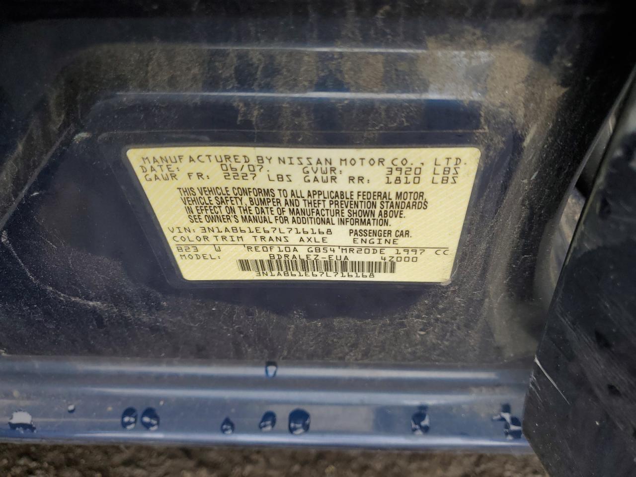 2007 Nissan Sentra 2.0 VIN: 3N1AB61E67L716168 Lot: 63139175