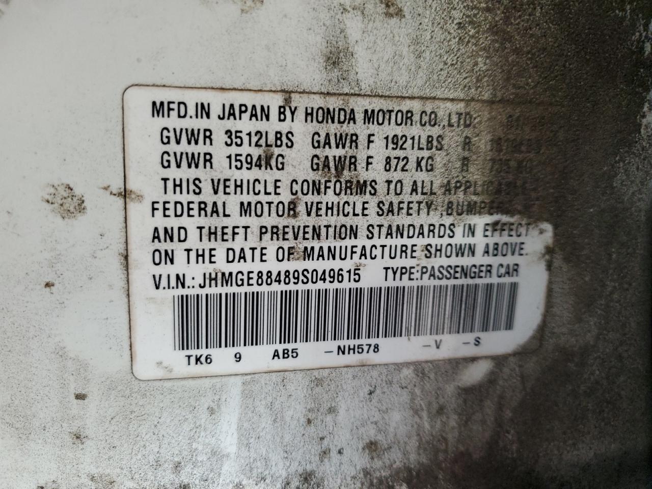 2009 Honda Fit Sport VIN: JHMGE88489S049615 Lot: 63574045