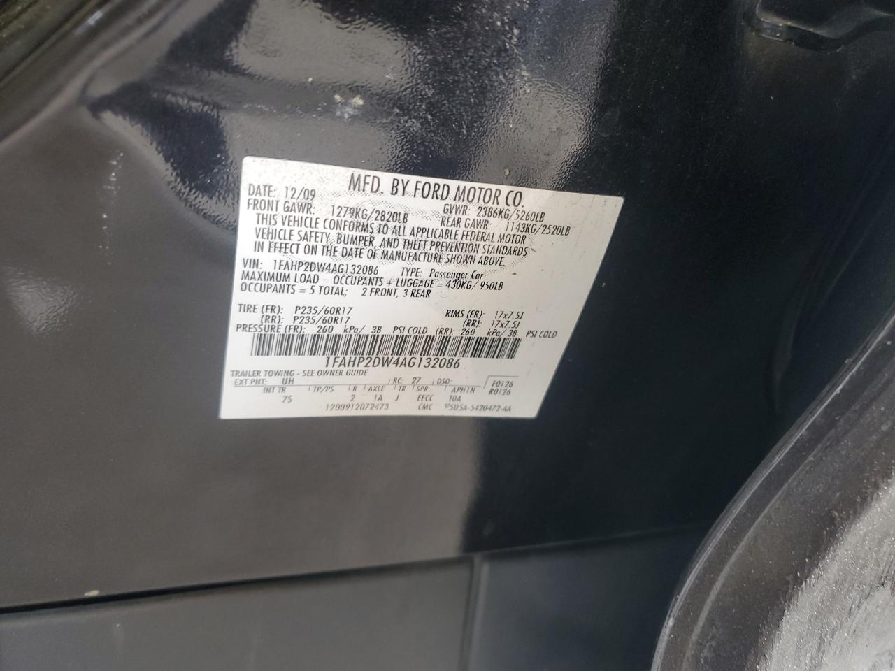 2010 Ford Taurus Se VIN: 1FAHP2DW4AG132086 Lot: 64817615