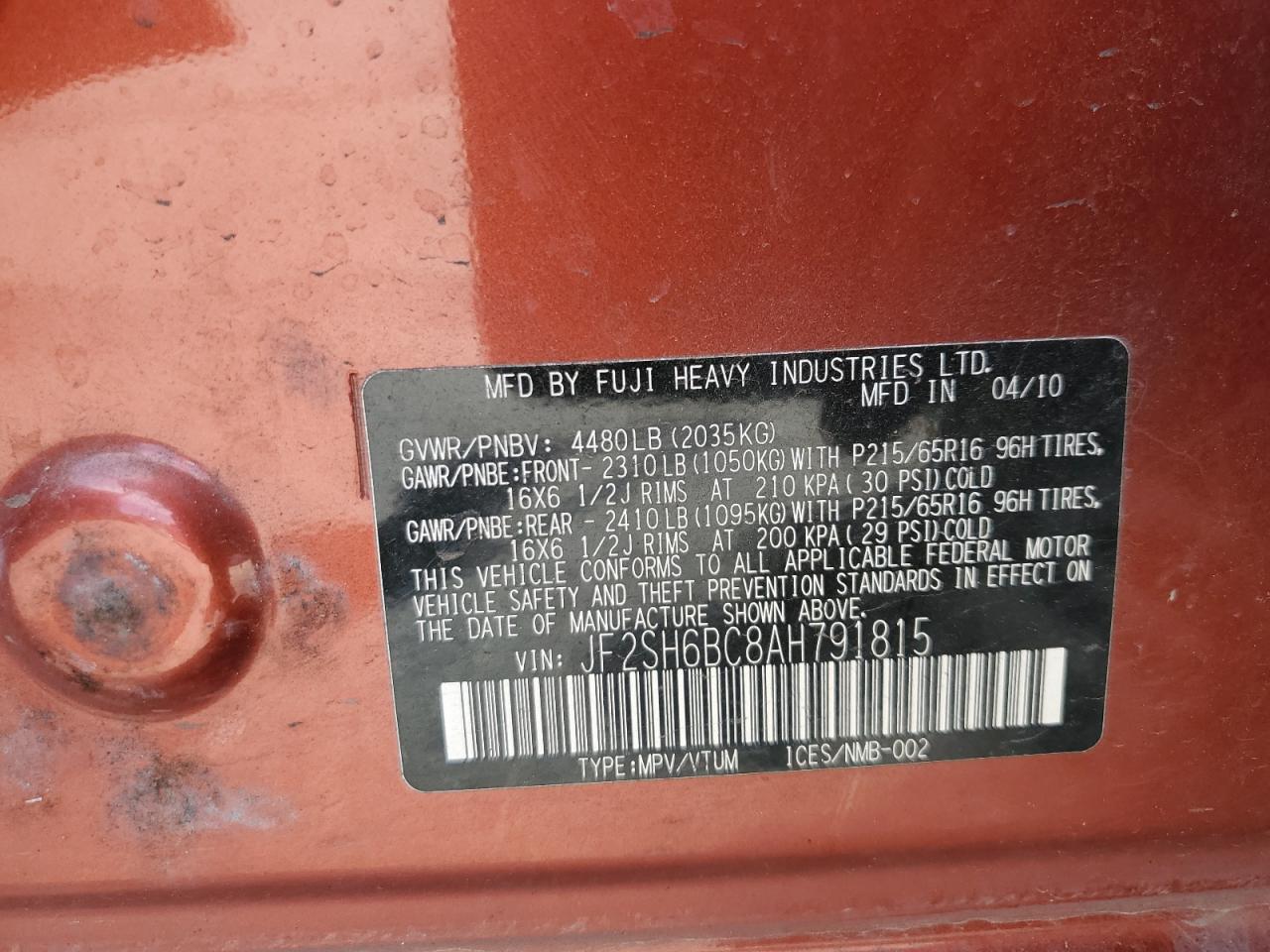 2010 Subaru Forester Xs VIN: JF2SH6BC8AH791815 Lot: 63518655