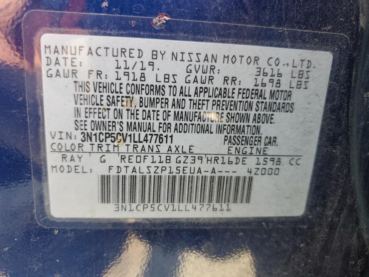 2020 Nissan Kicks Sv VIN: 3N1CP5CV1LL477611 Lot: 64420775