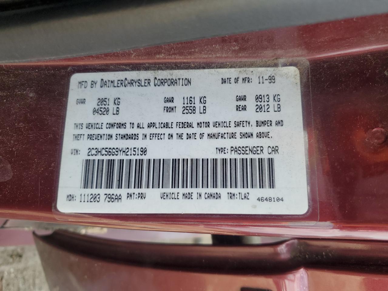 2000 Chrysler Lhs VIN: 2C3HC56G9YH215190 Lot: 65043355