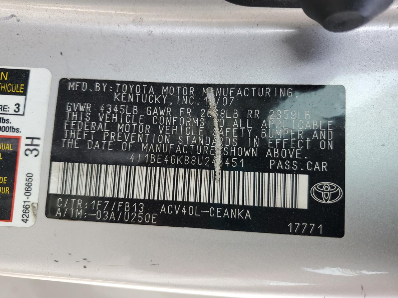 2008 Toyota Camry Ce VIN: 4T1BE46K88U246451 Lot: 65818625