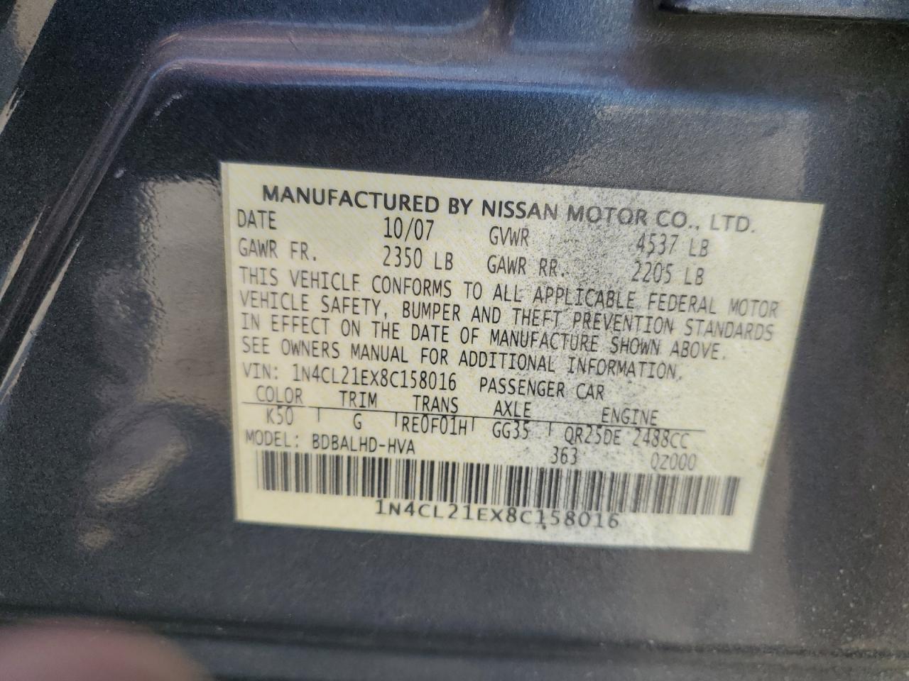 2008 Nissan Altima Hybrid VIN: 1N4CL21EX8C158016 Lot: 64259395