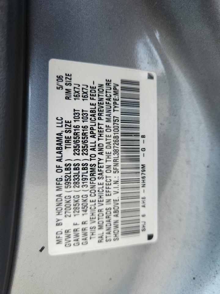 2006 Honda Odyssey Exl VIN: 5FNRL38726B100757 Lot: 65478725
