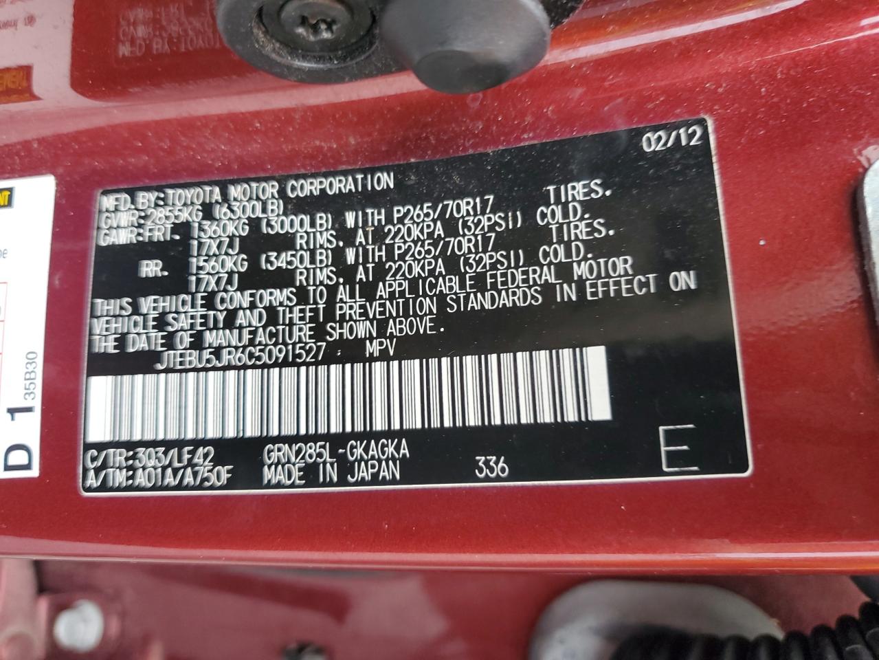 2012 Toyota 4Runner Sr5 VIN: JTEBU5JR6C5091527 Lot: 63204265