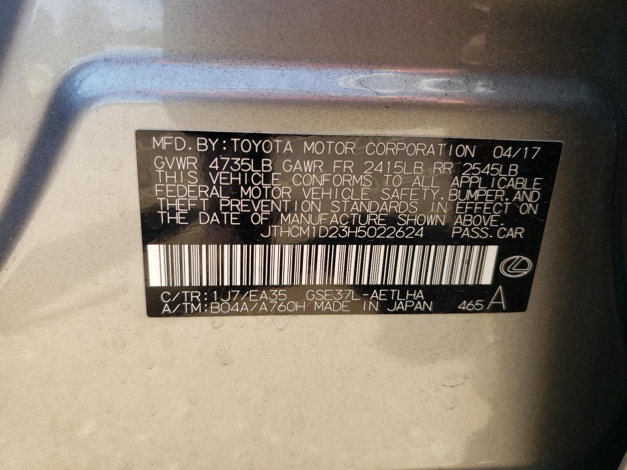 2017 Lexus Is 300 VIN: JTHCM1D23H5022624 Lot: 63557675